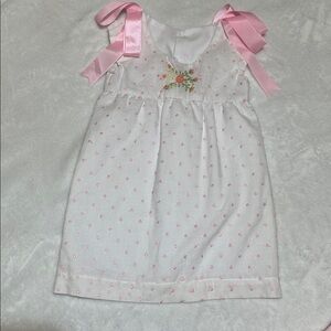 EUC white and pink Swiss dot dress with floral embroidery and bow shoulders 3m